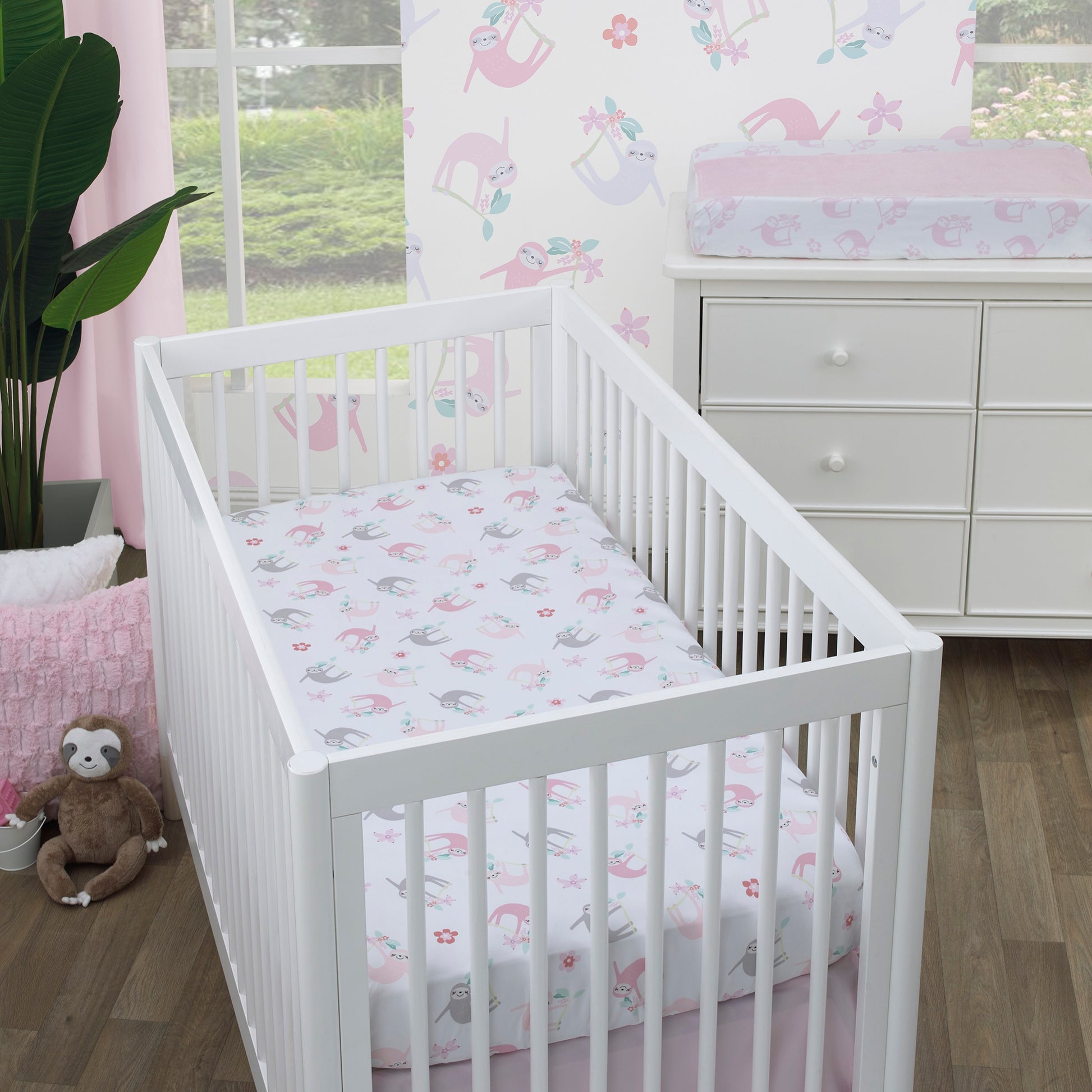 Little Love by NoJo Tropical Garden Pink and White Sloth Super Soft Changing Pad Cover