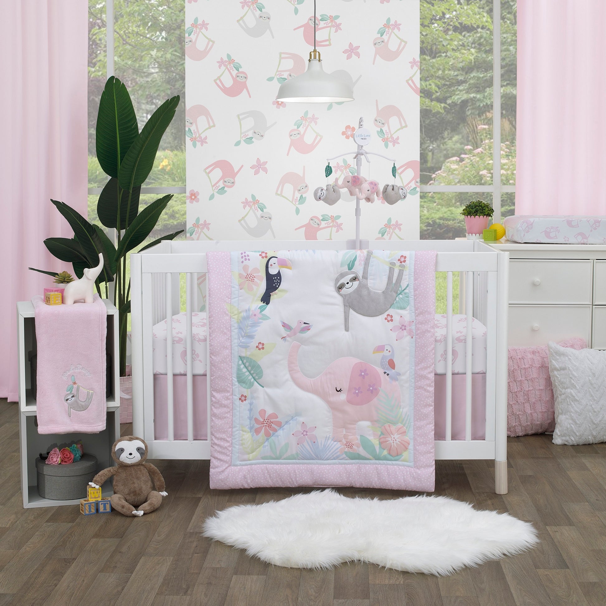 Little Love by NoJo Tropical Garden Pink and White Sloth Super Soft Changing Pad Cover