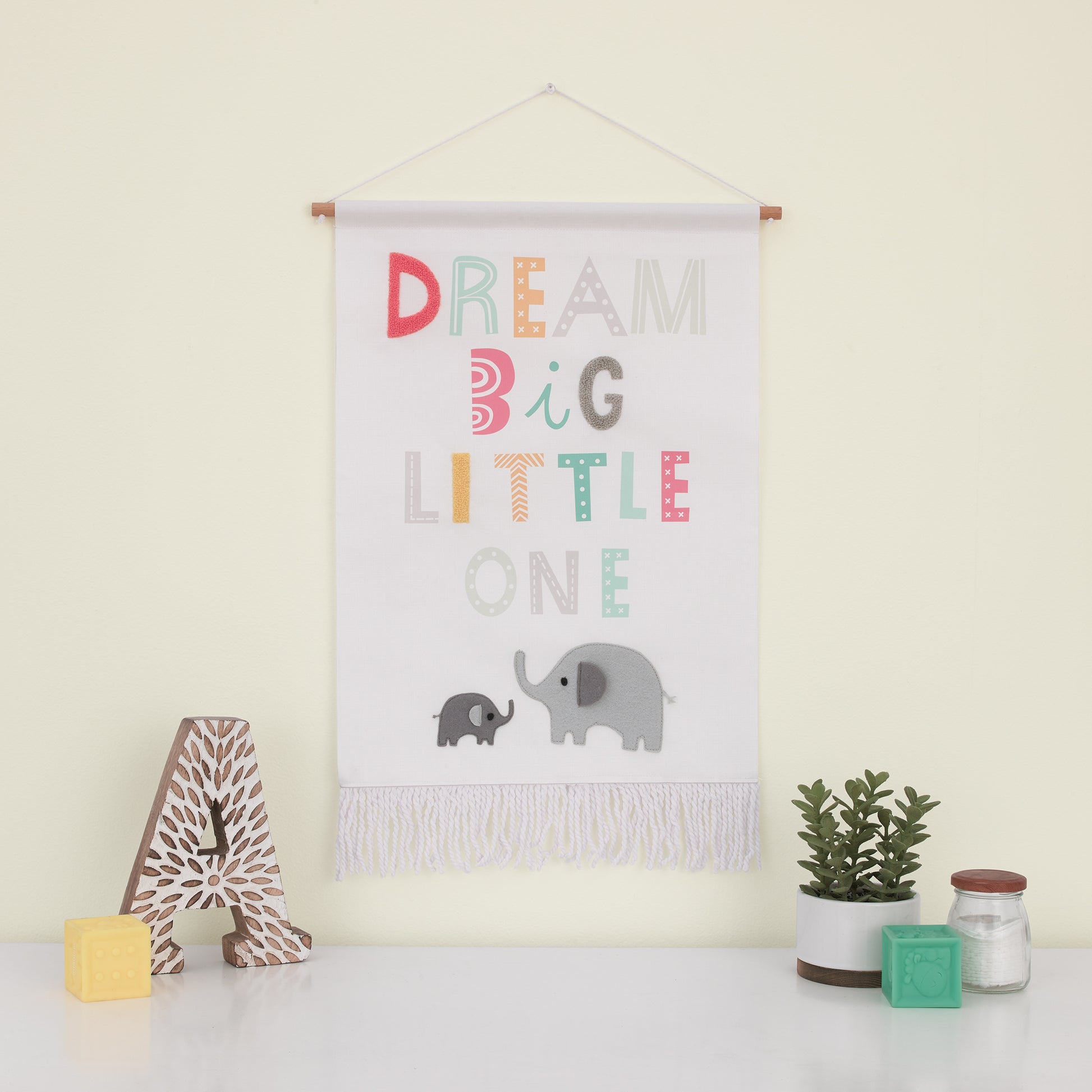 Little Love by NoJo Dream Big Little One White, Gray, Teal, and Orange, Mama and Baby Elephants Wall Decor Banner