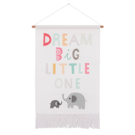 Little Love by NoJo Dream Big Little One White, Gray, Teal, and Orange, Mama and Baby Elephants Wall Decor Banner