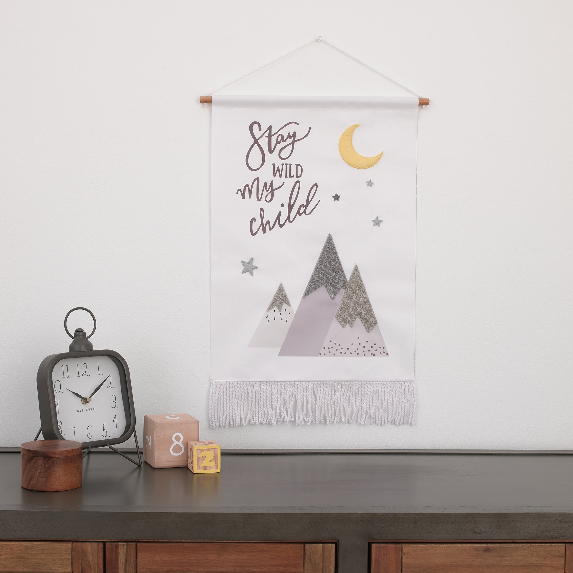 Little Love by NoJo Stay Wild My Child White, Gray and Yellow Mountains, and Crescent Moon Wall Decor Banner