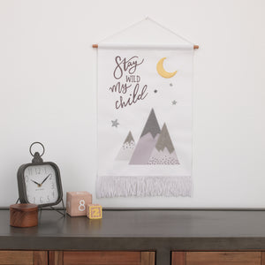 Little Love by NoJo Stay Wild My Child White, Gray and Yellow Mountains, and Crescent Moon Wall Decor Banner