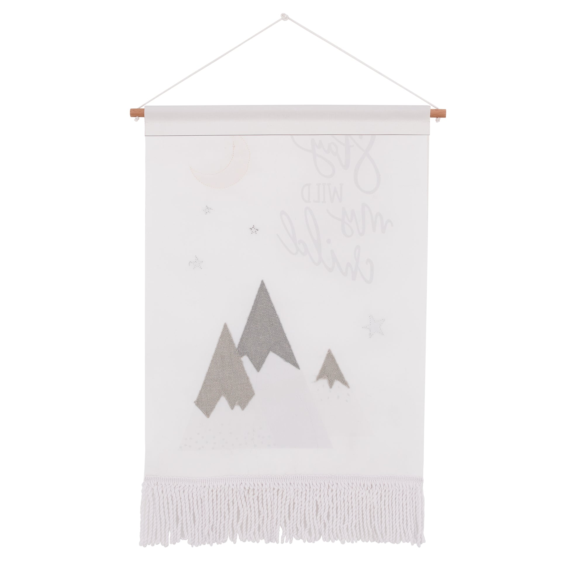 Little Love by NoJo Stay Wild My Child White, Gray and Yellow Mountains, and Crescent Moon Wall Decor Banner