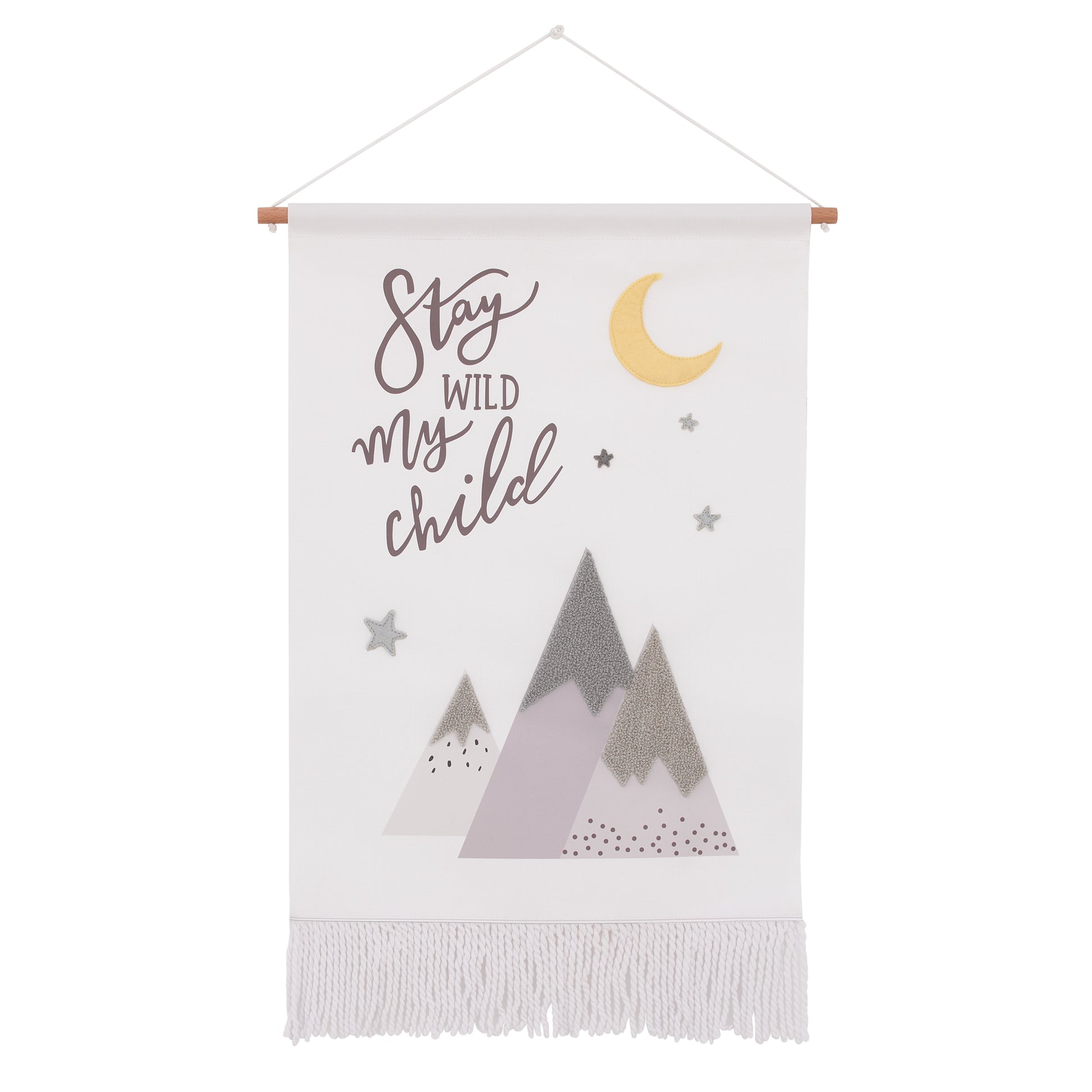Little Love by NoJo Stay Wild My Child White, Gray and Yellow Mountains, and Crescent Moon Wall Decor Banner