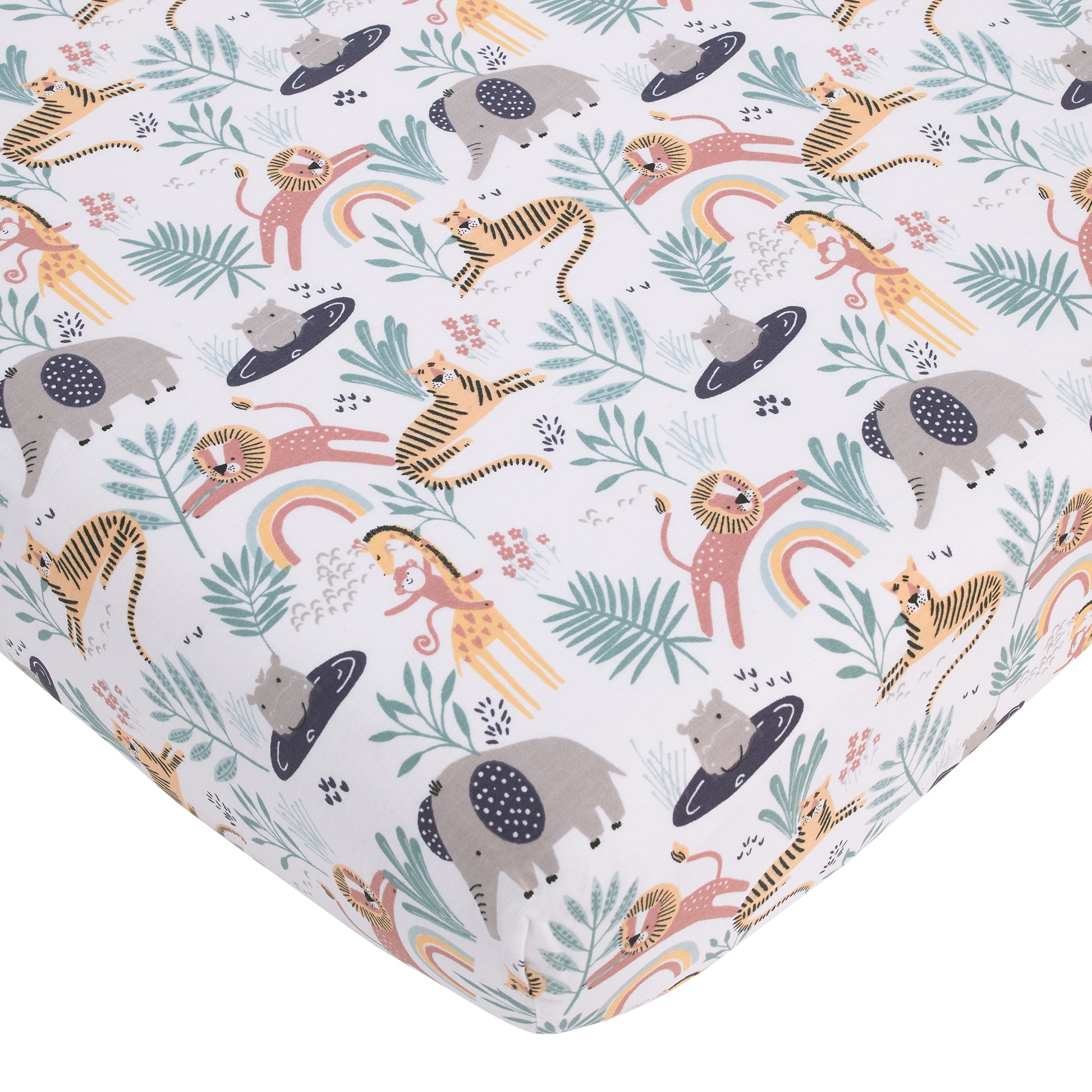 NoJo Wild Pals Navy, Gray, and Tan Safari Animals 4 Piece Nursery Crib Bedding Set - Comforter, 100% Cotton Fitted Crib Sheet, Crib Skirt and Nursery Organizer
