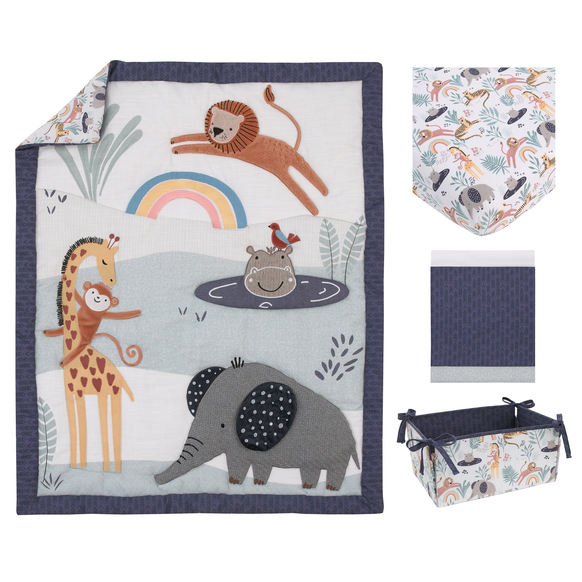 NoJo Wild Pals Navy, Gray, and Tan Safari Animals 4 Piece Nursery Crib Bedding Set - Comforter, 100% Cotton Fitted Crib Sheet, Crib Skirt and Nursery Organizer