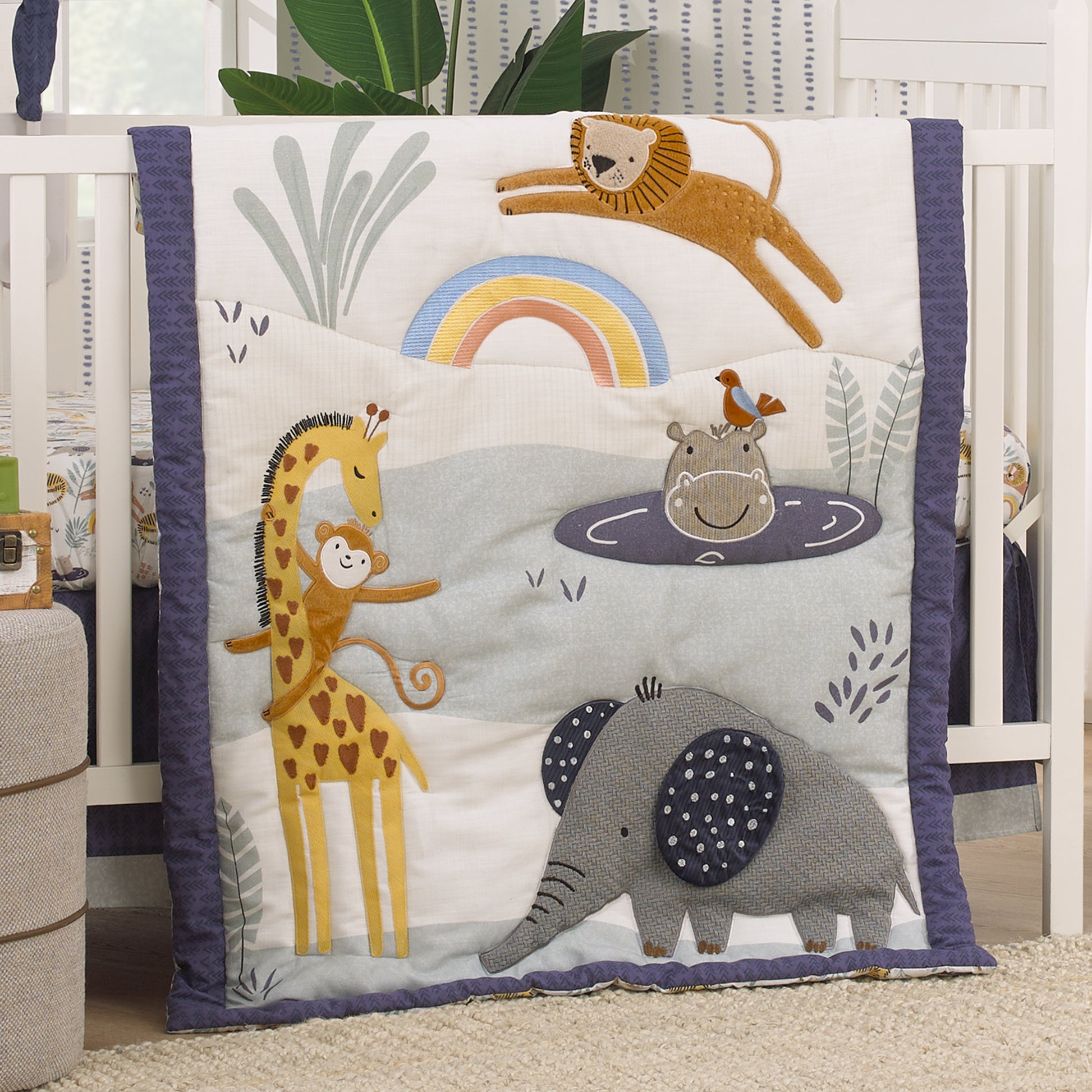 NoJo Wild Pals Navy, Gray, and Tan Safari Animals 4 Piece Nursery Crib Bedding Set - Comforter, 100% Cotton Fitted Crib Sheet, Crib Skirt and Nursery Organizer
