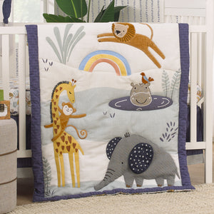 NoJo Wild Pals Navy, Gray, and Tan Safari Animals 4 Piece Nursery Crib Bedding Set - Comforter, 100% Cotton Fitted Crib Sheet, Crib Skirt and Nursery Organizer