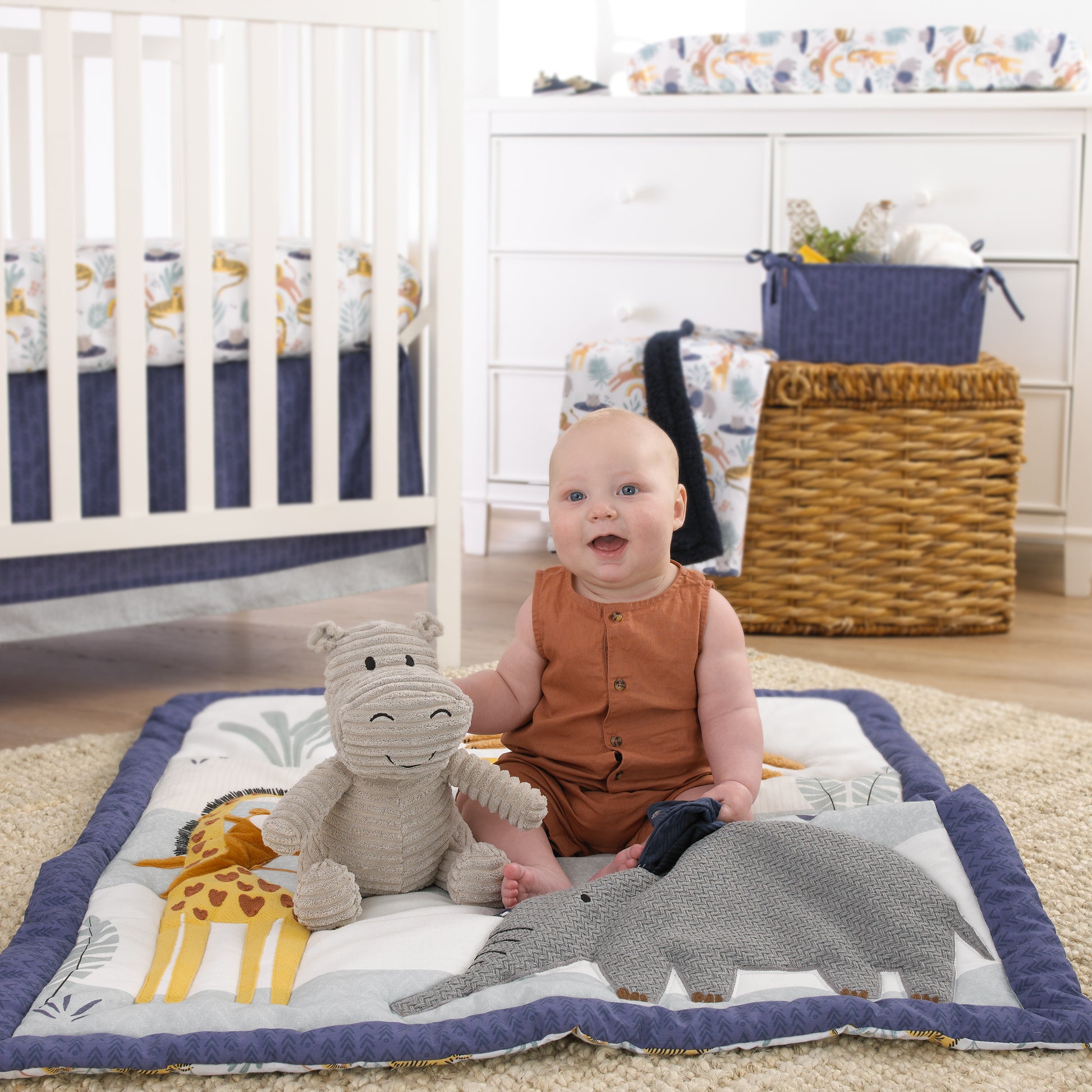 NoJo Wild Pals Navy, Gray, and Tan Safari Animals 4 Piece Nursery Crib Bedding Set - Comforter, 100% Cotton Fitted Crib Sheet, Crib Skirt and Nursery Organizer