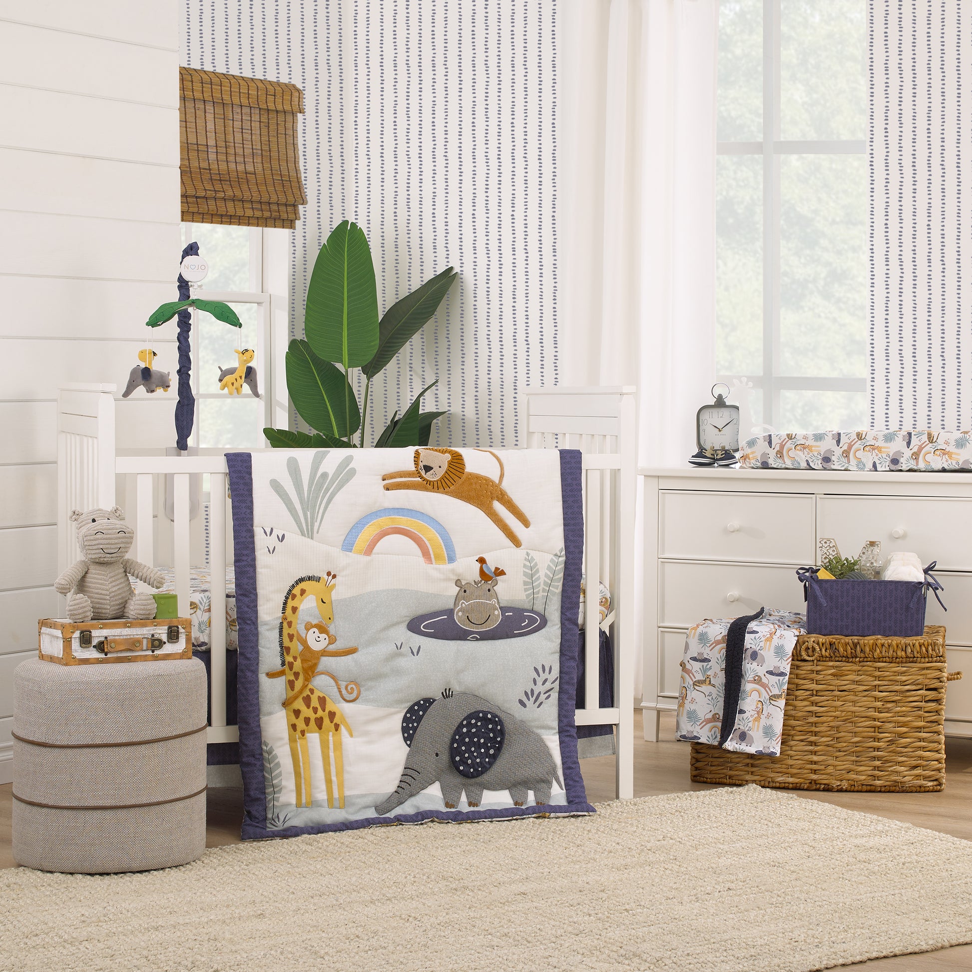 NoJo Wild Pals Navy, Gray, and Tan Safari Animals 4 Piece Nursery Crib Bedding Set - Comforter, 100% Cotton Fitted Crib Sheet, Crib Skirt and Nursery Organizer