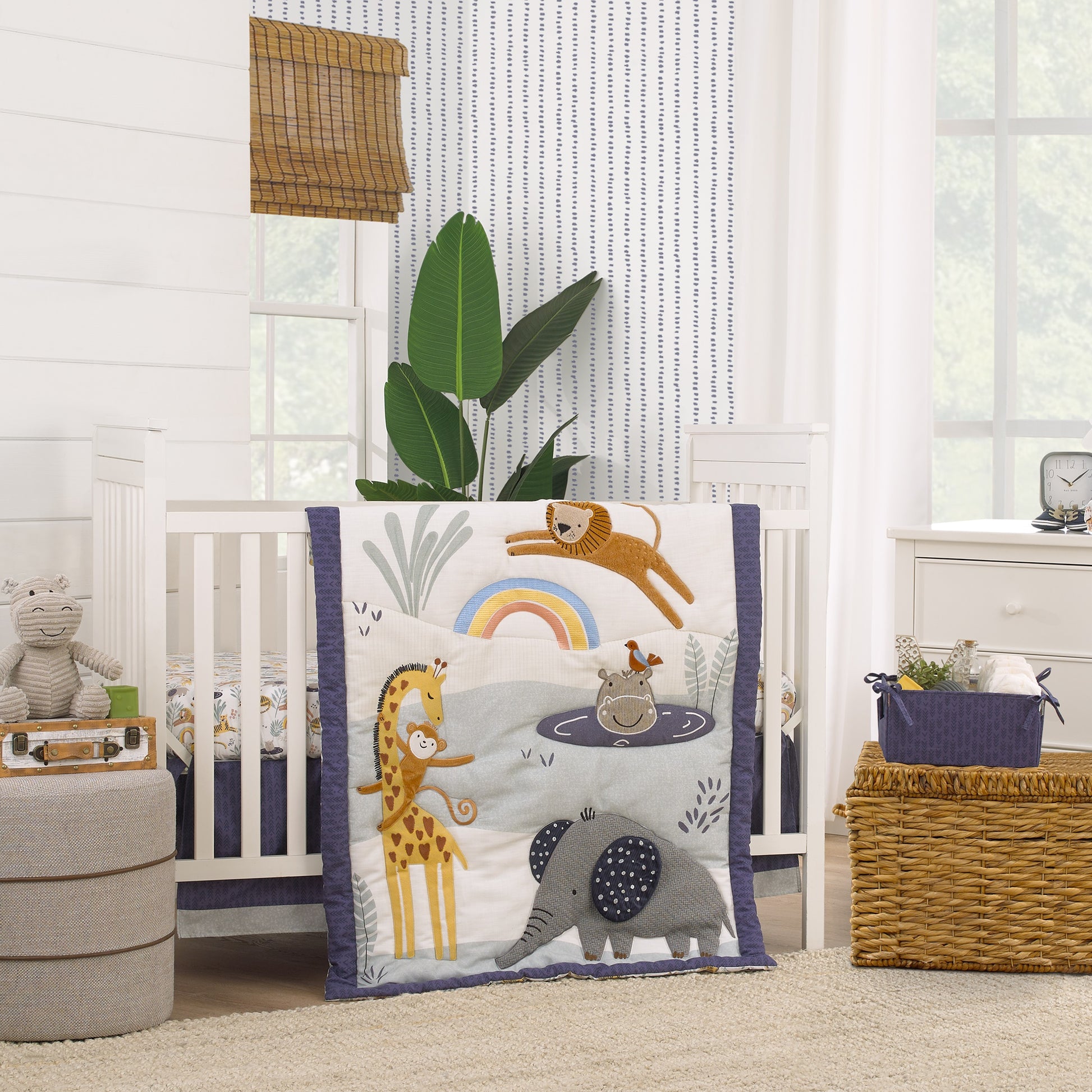 NoJo Wild Pals Navy, Gray, and Tan Safari Animals 4 Piece Nursery Crib Bedding Set - Comforter, 100% Cotton Fitted Crib Sheet, Crib Skirt and Nursery Organizer