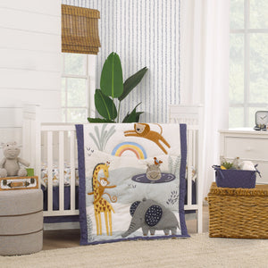 NoJo Wild Pals Navy, Gray, and Tan Safari Animals 4 Piece Nursery Crib Bedding Set - Comforter, 100% Cotton Fitted Crib Sheet, Crib Skirt and Nursery Organizer