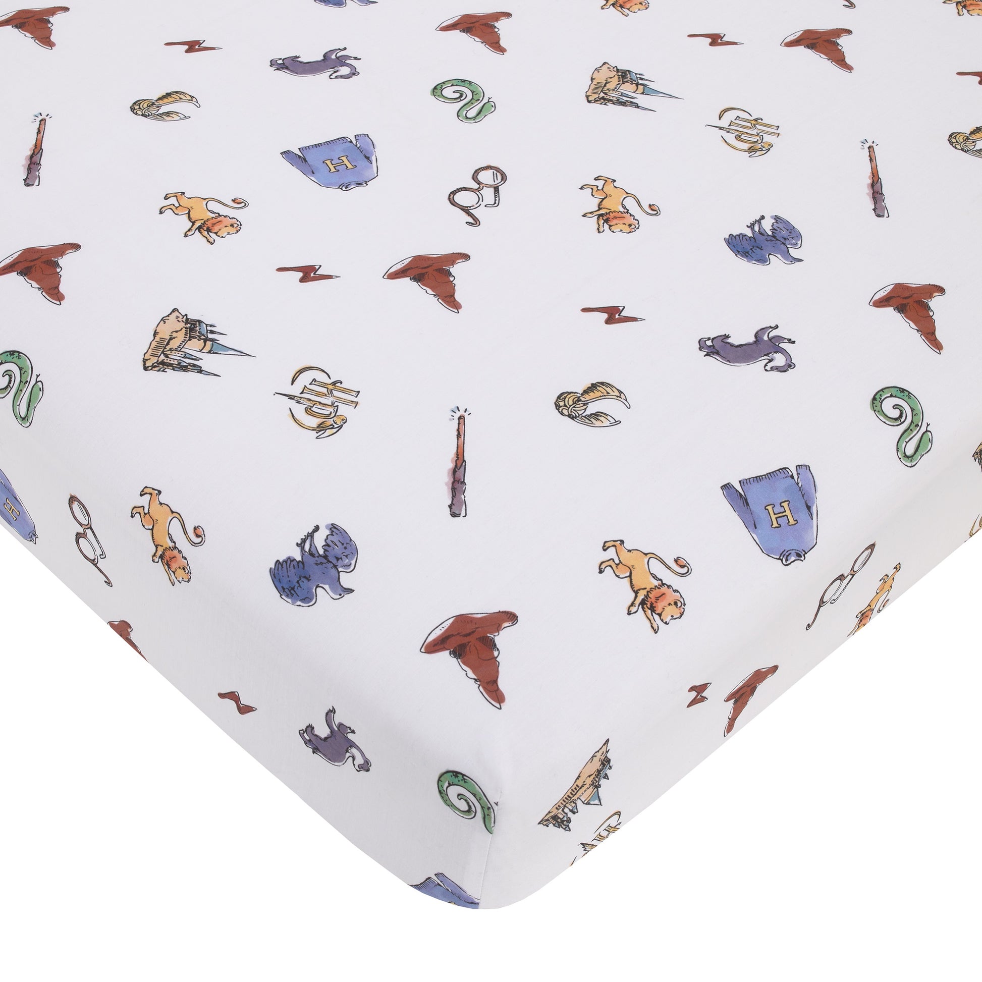 Warner Bros  Harry Potter Welcome Little Wizard Navy, Burgundy, Blue, and White 100% Cotton Fitted Crib Sheet