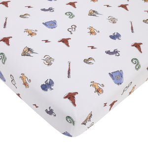Warner Bros  Harry Potter Welcome Little Wizard Navy, Burgundy, Blue, and White 100% Cotton Fitted Crib Sheet