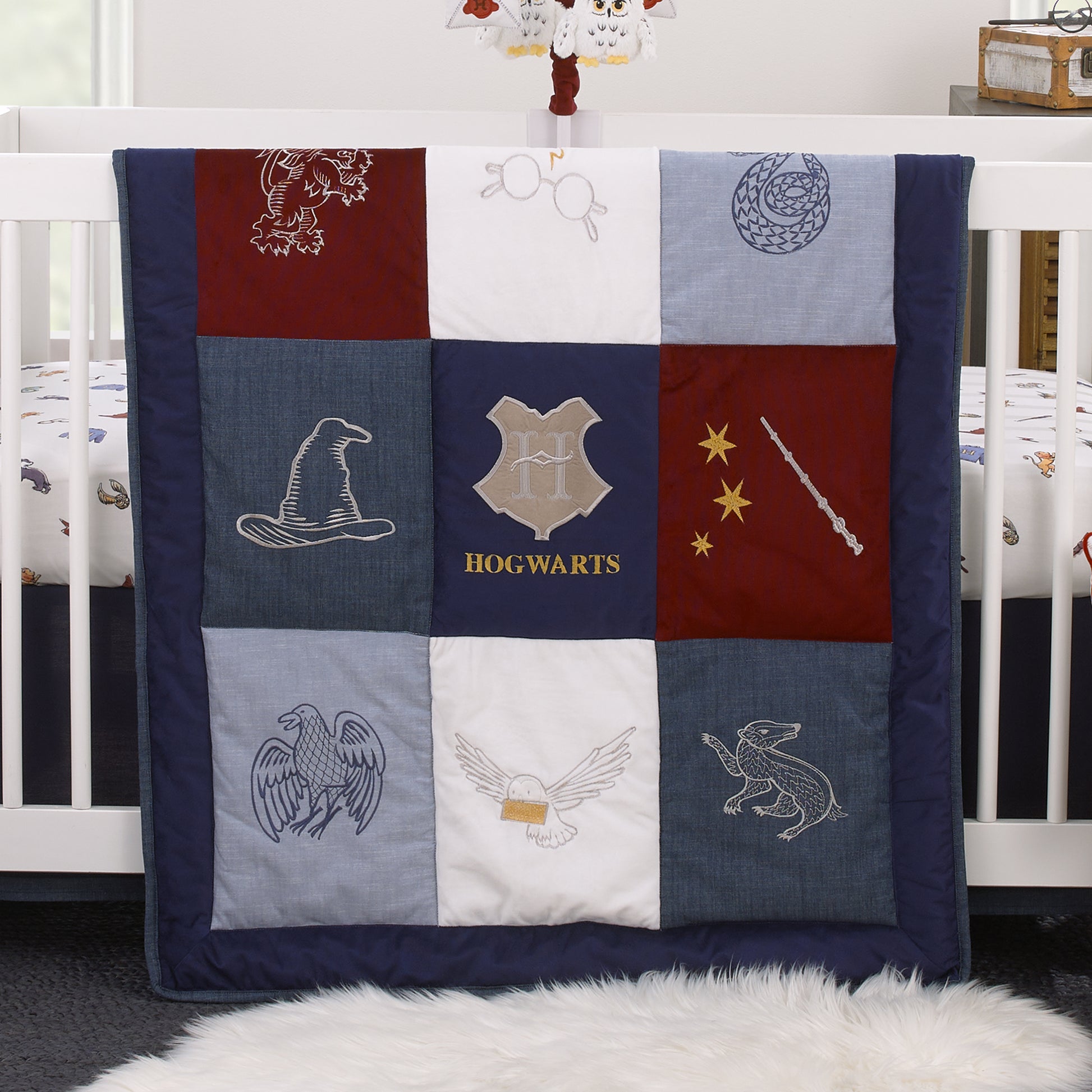 Warner Bros  Harry Potter Welcome Little Wizard Navy, Burgundy, Denim Blue and White, Appliqued 3 Piece Crib Bedding Set - Comforter, Fitted Crib Sheet, and Crib Skirt