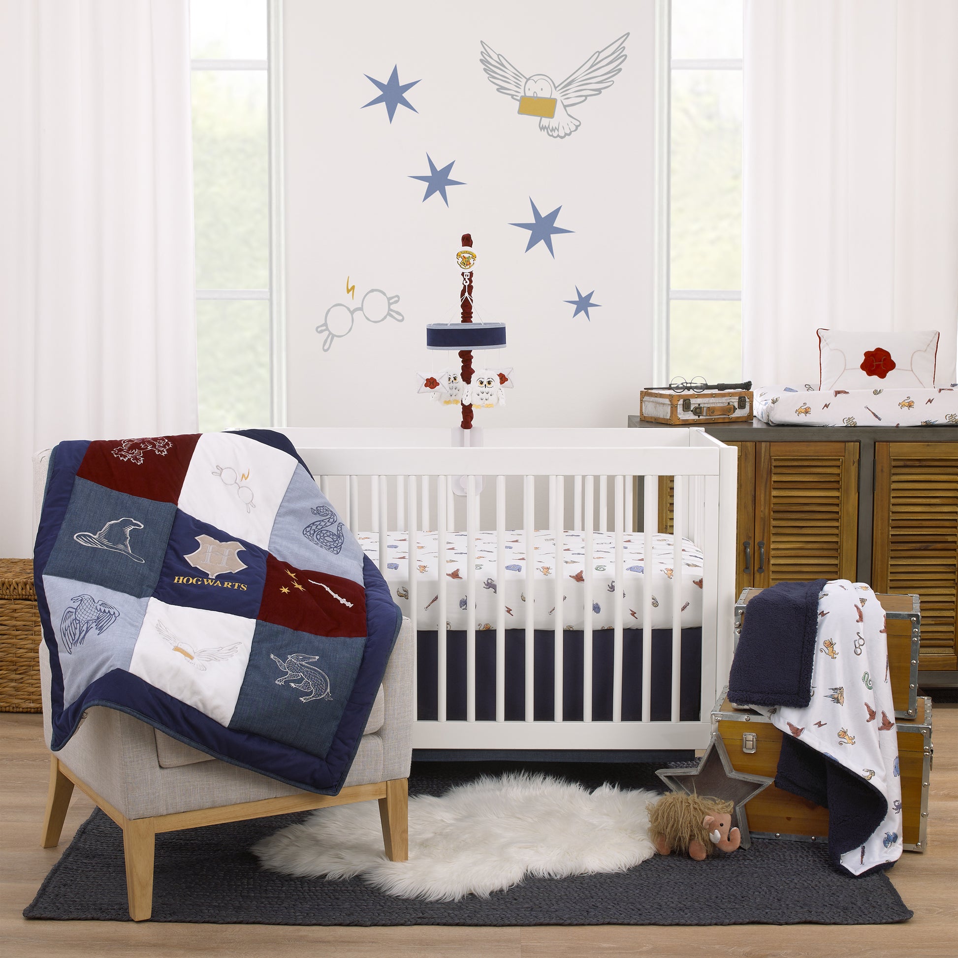 Warner Bros  Harry Potter Welcome Little Wizard Navy, Burgundy, Denim Blue and White, Appliqued 3 Piece Crib Bedding Set - Comforter, Fitted Crib Sheet, and Crib Skirt