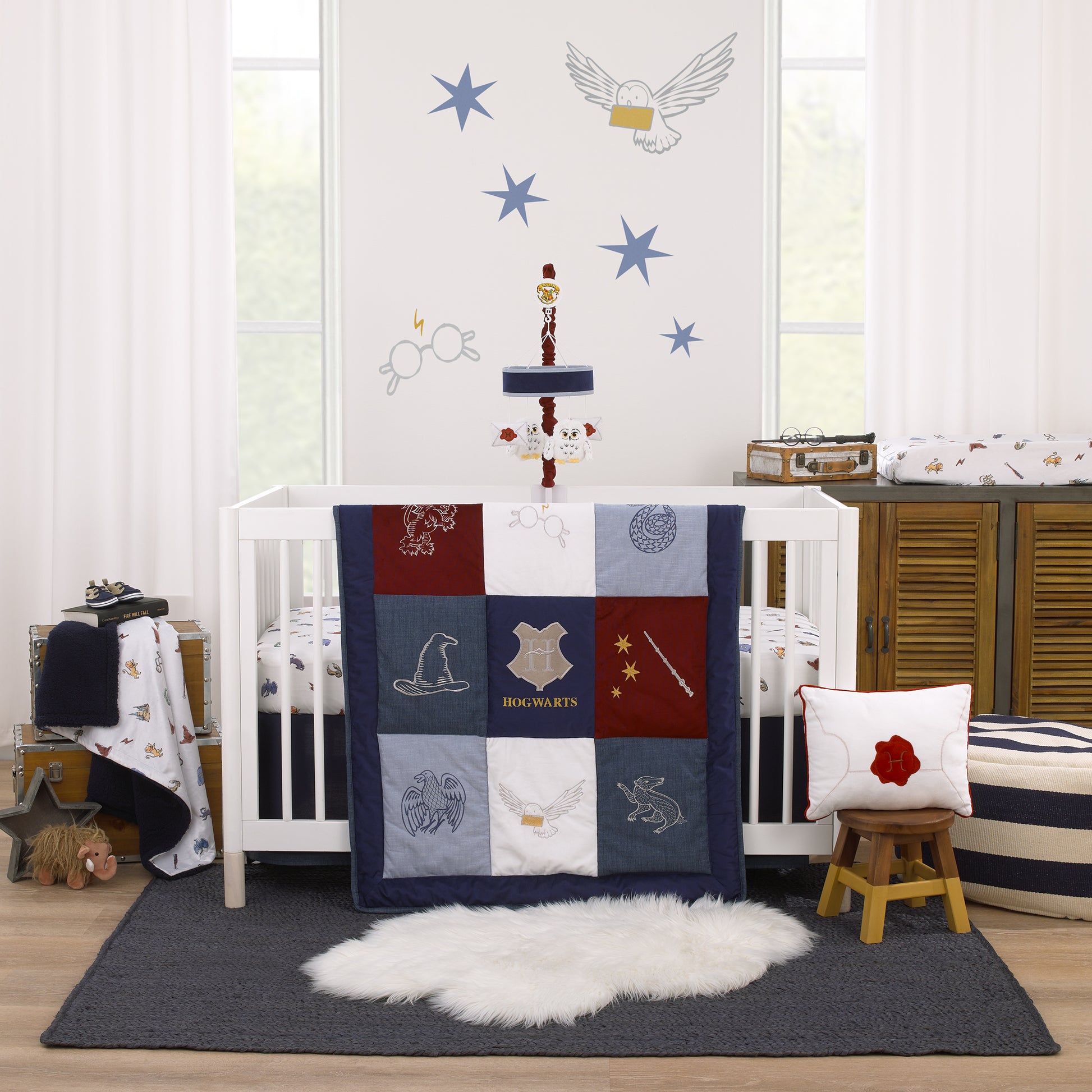 Warner Bros  Harry Potter Welcome Little Wizard Navy, Burgundy, Denim Blue and White, Appliqued 3 Piece Crib Bedding Set - Comforter, Fitted Crib Sheet, and Crib Skirt