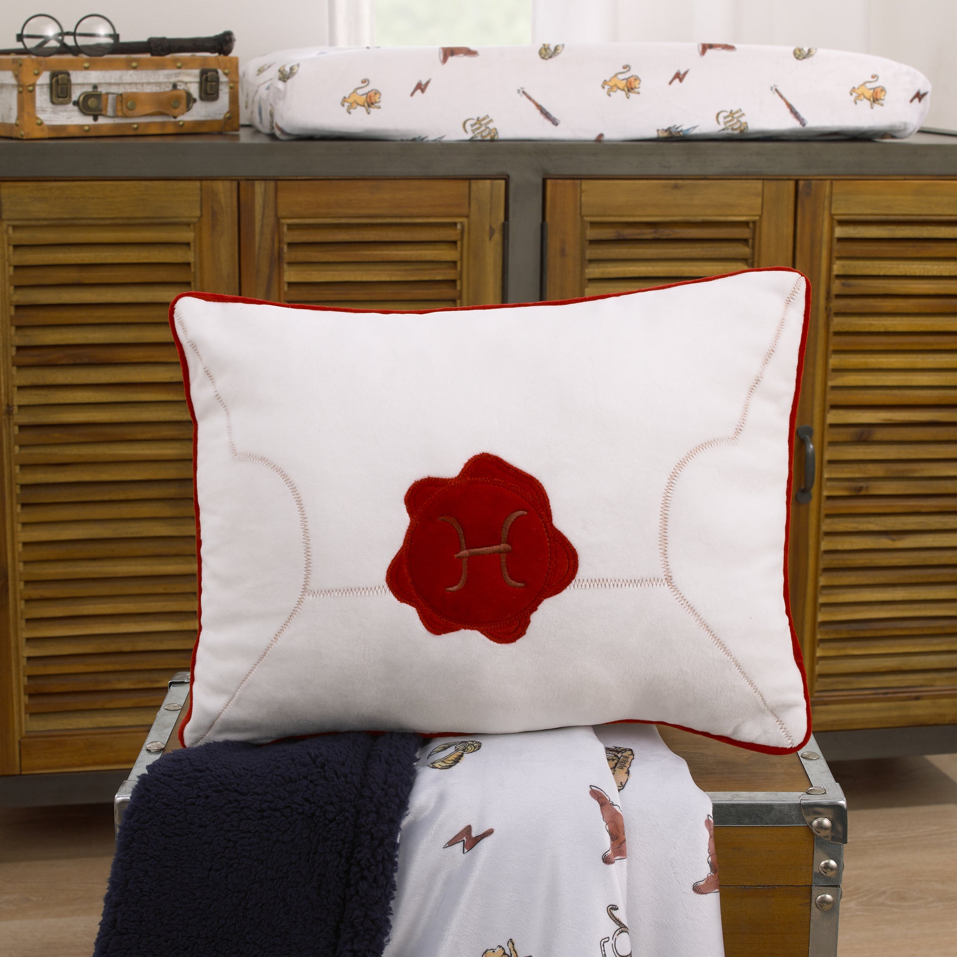 Warner Bros  Harry Potter Welcome Little Wizard Red, and White Addressed Letter Decorative Pillow