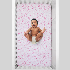 Disney Princess - Dare to Dream White and Pink Castle, Hearts and Stars Fitted Crib Sheet