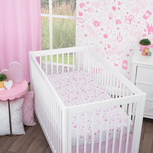 Disney Princess - Dare to Dream White and Pink Castle, Hearts and Stars Fitted Crib Sheet