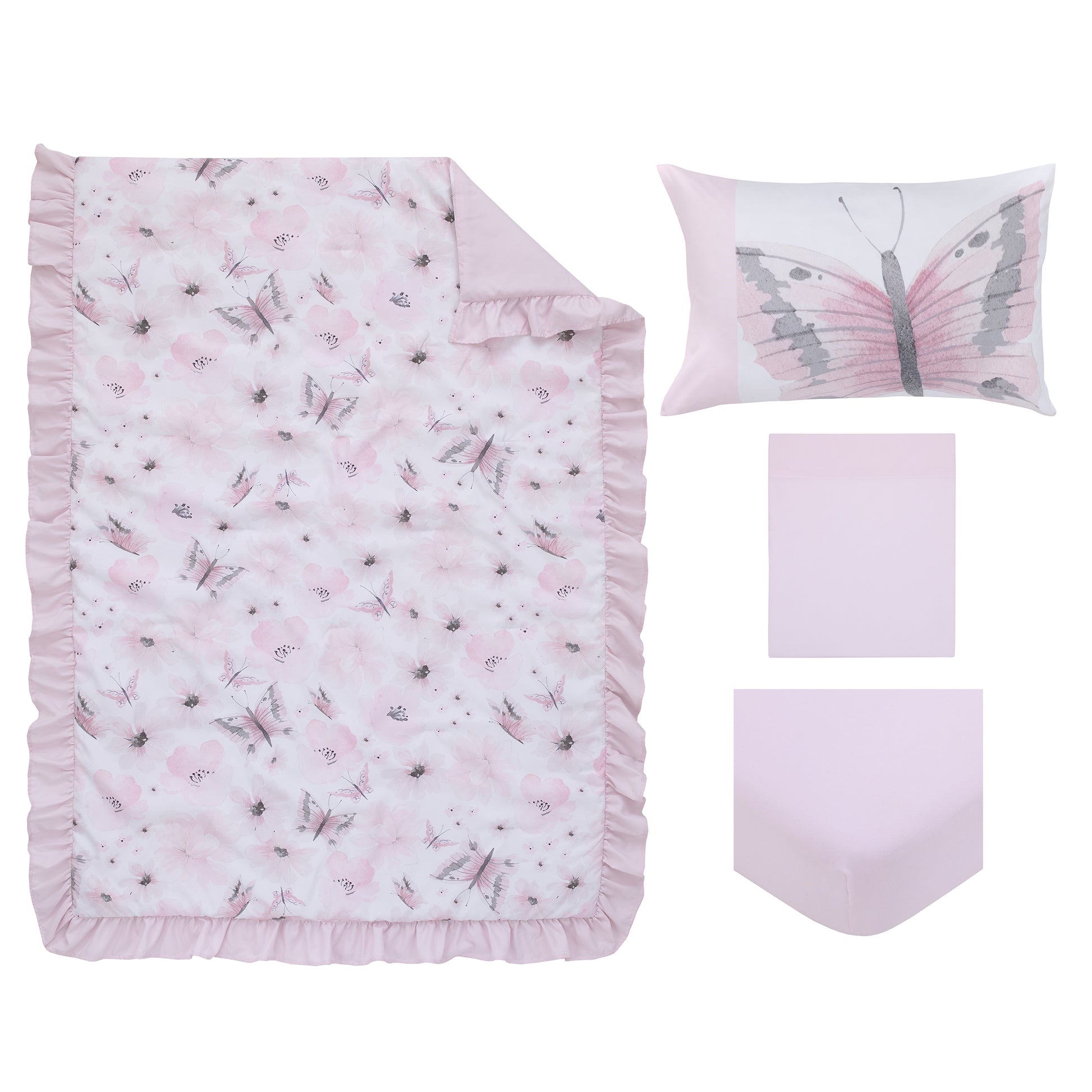 Everything Kids Floral Butterfly Pink, White, and Gray 4 Piece Toddler Bed Set - Comforter, Fitted Bottom Sheet, Flat Top Sheet, and Reversible Pillowcase