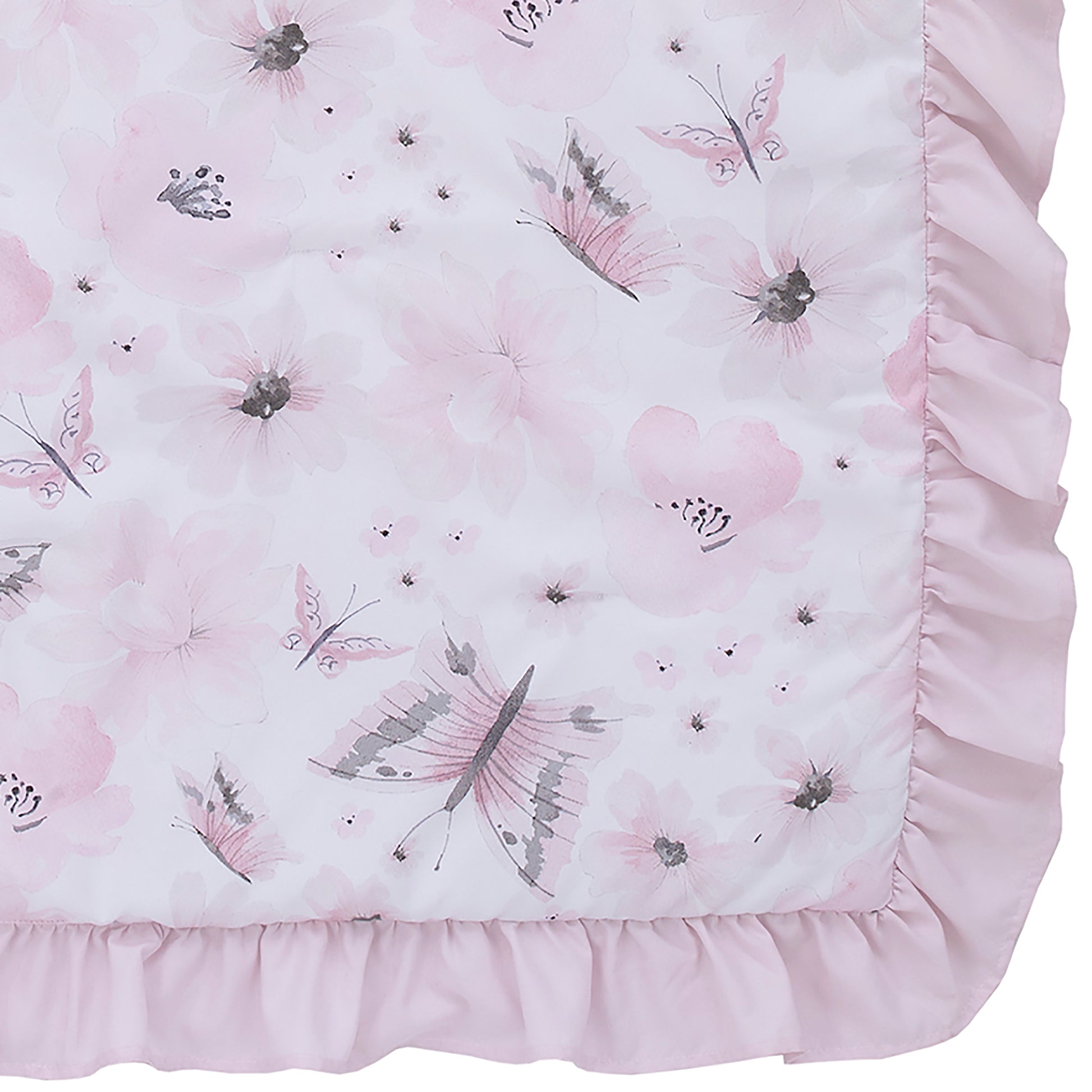 Everything Kids Floral Butterfly Pink, White, and Gray 4 Piece Toddler Bed Set - Comforter, Fitted Bottom Sheet, Flat Top Sheet, and Reversible Pillowcase