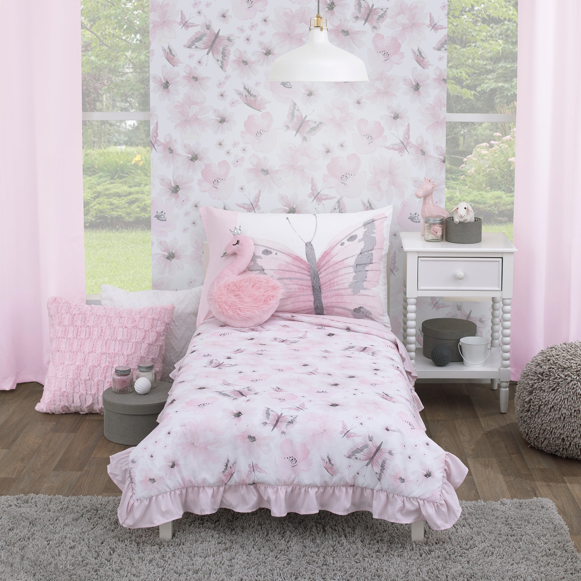 Everything Kids Floral Butterfly Pink, White, and Gray 4 Piece Toddler Bed Set - Comforter, Fitted Bottom Sheet, Flat Top Sheet, and Reversible Pillowcase