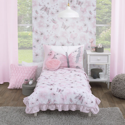 Everything Kids Floral Butterfly Pink, White, and Gray 4 Piece Toddler Bed Set - Comforter, Fitted Bottom Sheet, Flat Top Sheet, and Reversible Pillowcase