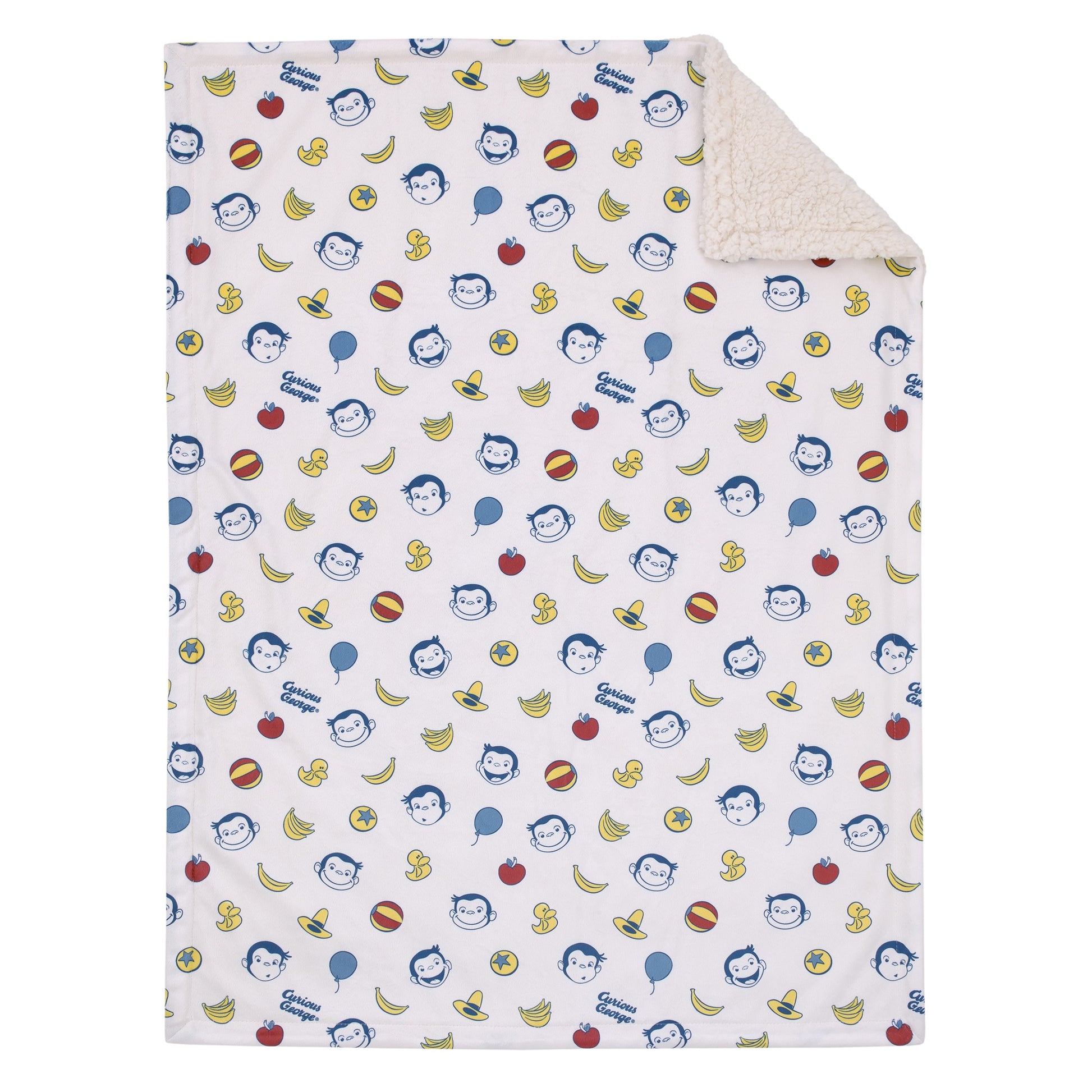 Welcome to the Universe Baby Curious George White, Blue, Red, and Yellow Balloons, Bananas and Hats Super Soft Sherpa Baby Blanket