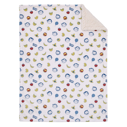 Welcome to the Universe Baby Curious George White, Blue, Red, and Yellow Balloons, Bananas and Hats Super Soft Sherpa Baby Blanket