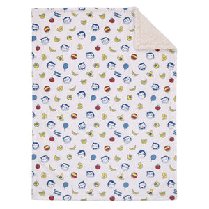 Welcome to the Universe Baby Curious George White, Blue, Red, and Yellow Balloons, Bananas and Hats Super Soft Sherpa Baby Blanket