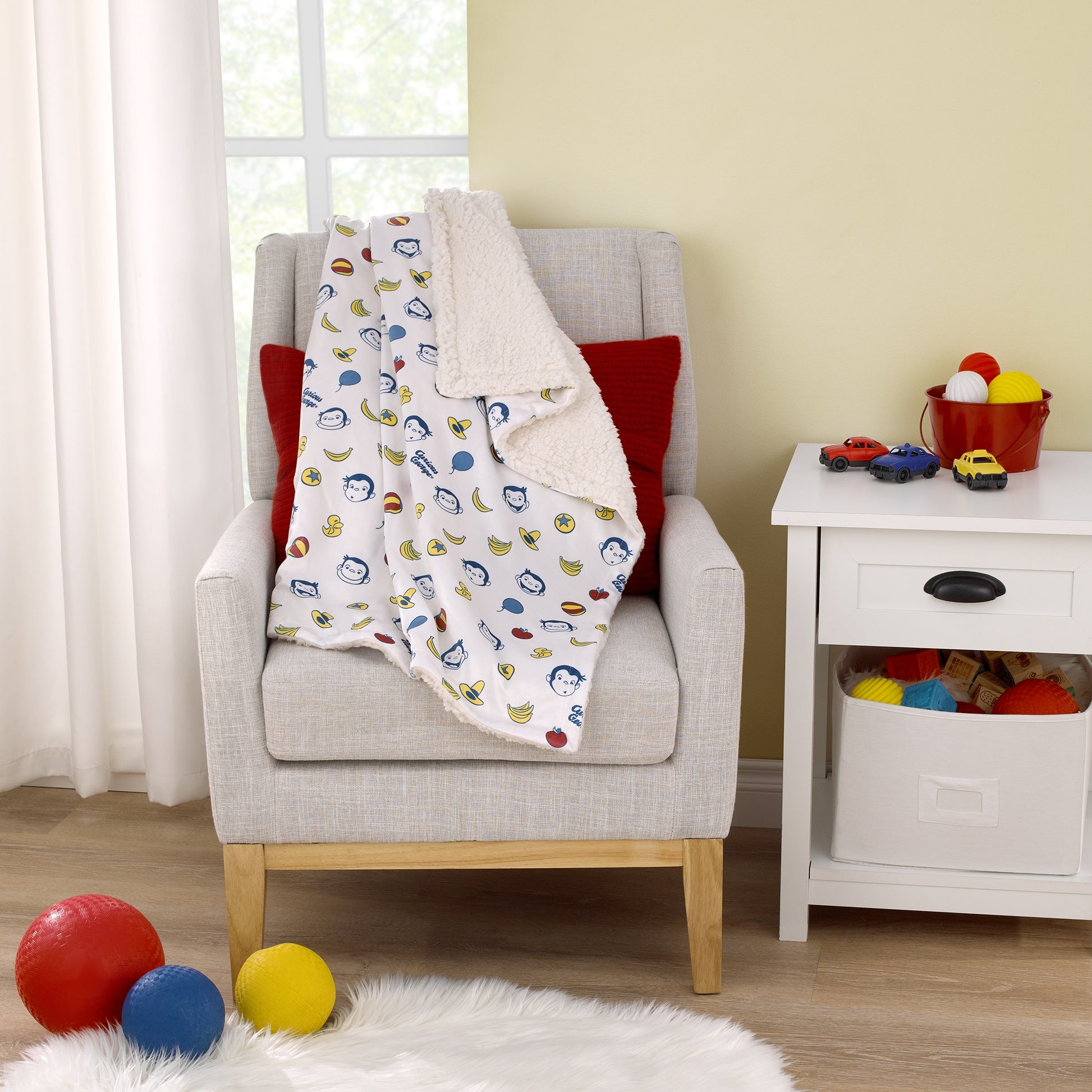 Welcome to the Universe Baby Curious George White, Blue, Red, and Yellow Balloons, Bananas and Hats Super Soft Sherpa Baby Blanket