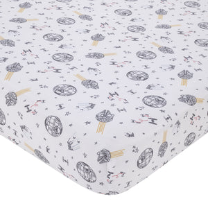Star Wars May The Force Be With You White and Gold Millennium Falcon and Death Star Nursery Fitted Crib Sheet