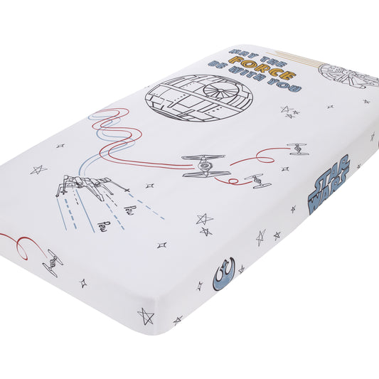 Star Wars May the Force Be With You White, Blue, and Gold Millennium Falcon and Death Star Photo Op Nursery Fitted Crib Sheet