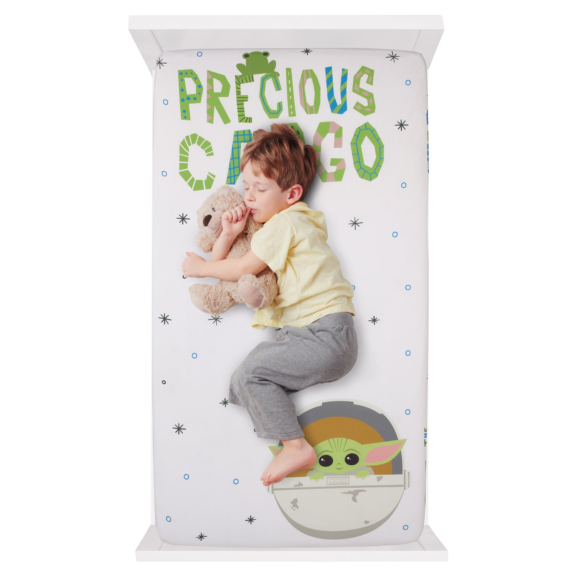 Star Wars The Mandalorian Grogu, White, Green, and Blue Precious Cargo Photo Op Nursery Fitted Crib Sheet