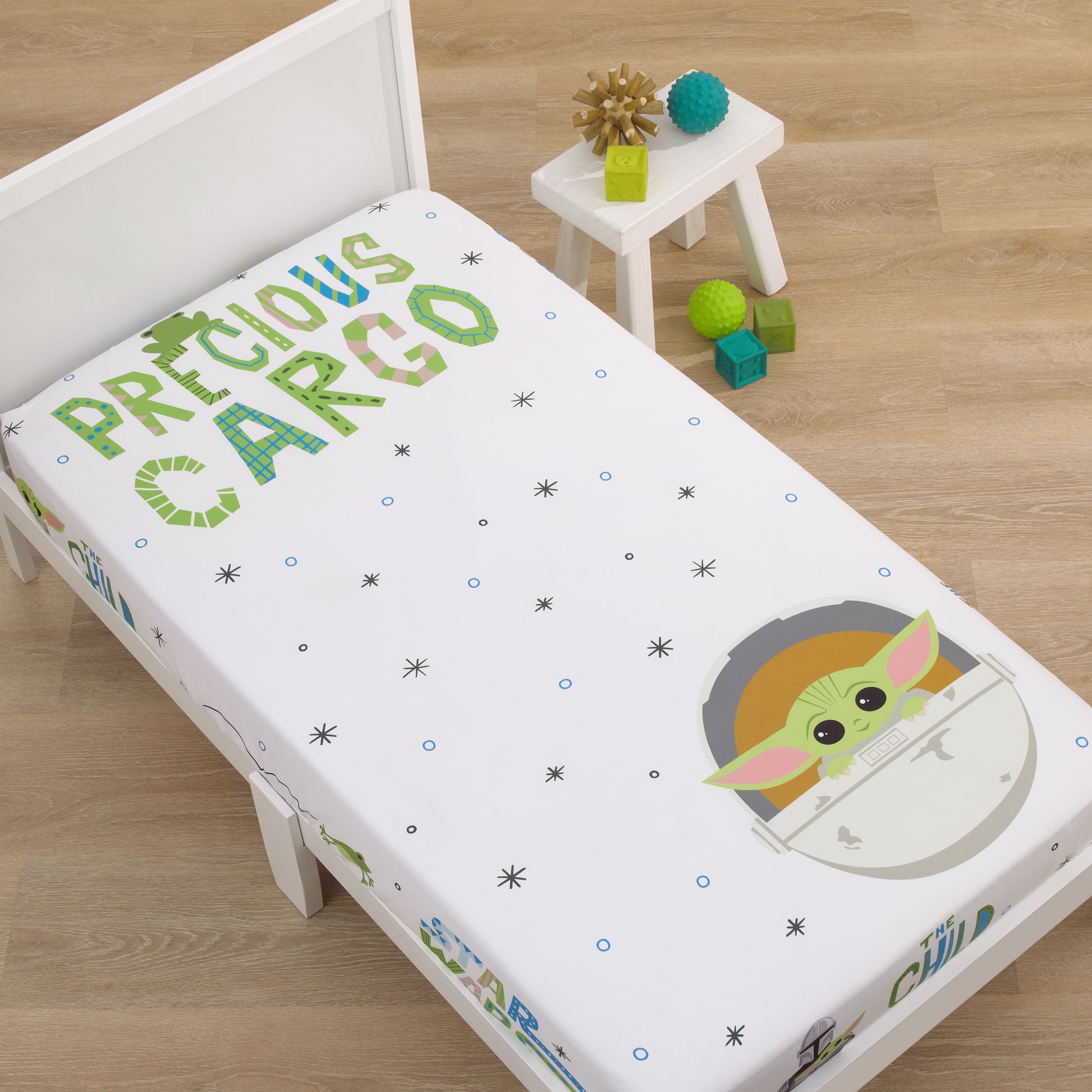 Star Wars The Mandalorian Grogu, White, Green, and Blue Precious Cargo Photo Op Nursery Fitted Crib Sheet