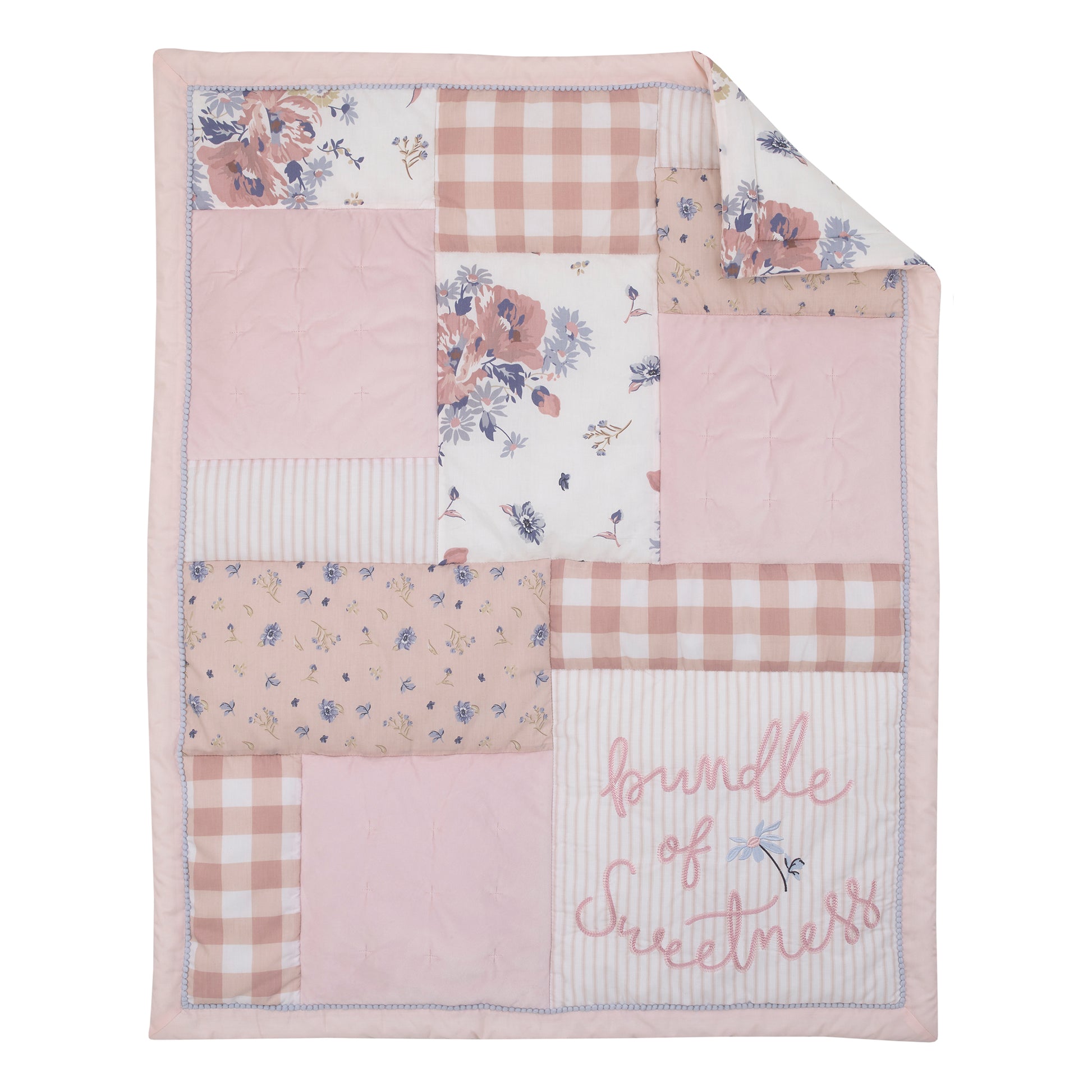 NoJo Farmhouse Chic Pink, Periwinkle, and White Floral, Stripes, Gingham, and Velvet 'Bundle of Sweetness' 4 Piece Nursery Crib Bedding Set - Comforter, 100% Cotton Fitted Crib Sheet, Crib Skirt, and Storage