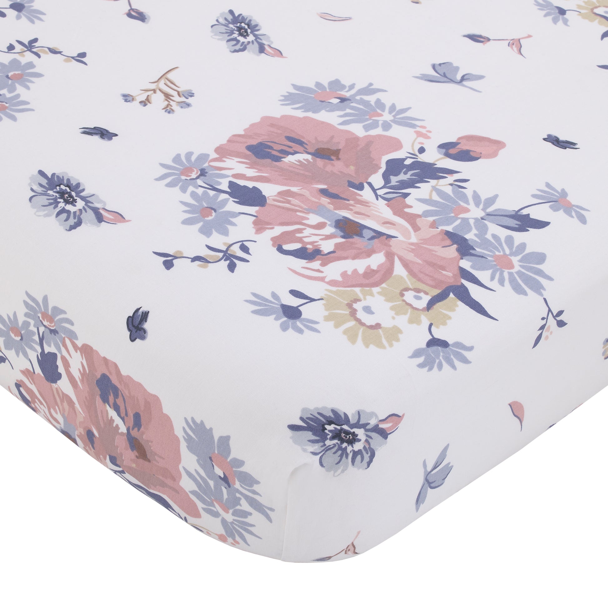 NoJo Farmhouse Chic Pink, Periwinkle, and White Floral, Stripes, Gingham, and Velvet 'Bundle of Sweetness' 4 Piece Nursery Crib Bedding Set - Comforter, 100% Cotton Fitted Crib Sheet, Crib Skirt, and Storage
