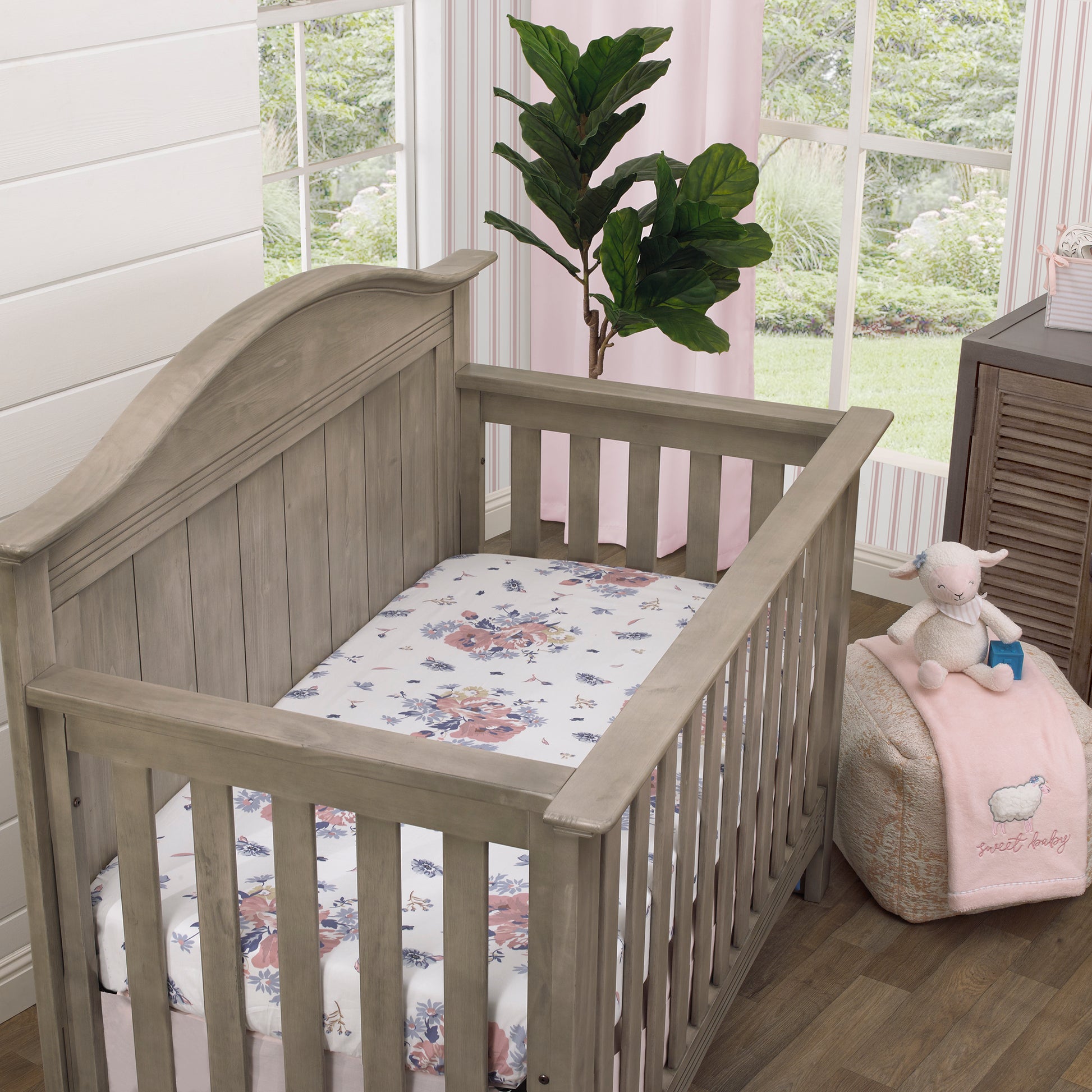 NoJo Farmhouse Chic Pink, Periwinkle, and White Floral, Stripes, Gingham, and Velvet 'Bundle of Sweetness' 4 Piece Nursery Crib Bedding Set - Comforter, 100% Cotton Fitted Crib Sheet, Crib Skirt, and Storage