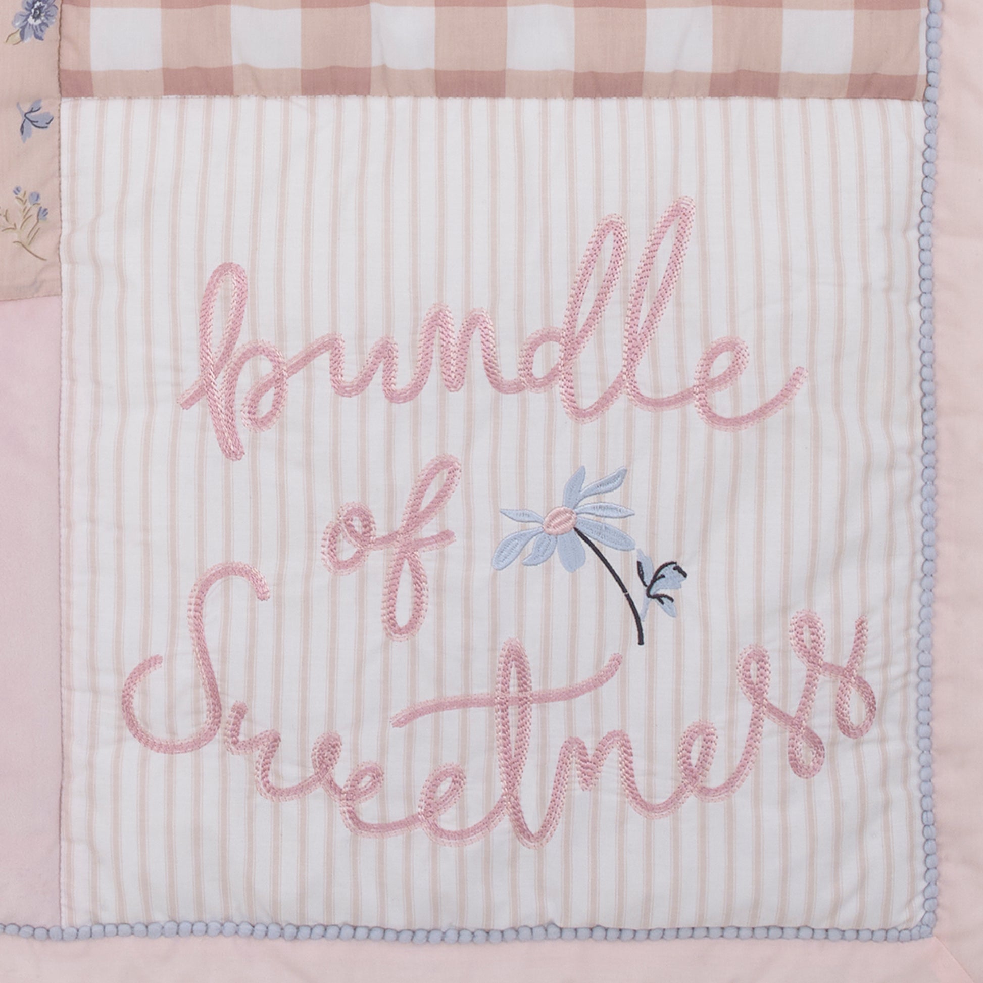 NoJo Farmhouse Chic Pink, Periwinkle, and White Floral, Stripes, Gingham, and Velvet 'Bundle of Sweetness' 4 Piece Nursery Crib Bedding Set - Comforter, 100% Cotton Fitted Crib Sheet, Crib Skirt, and Storage