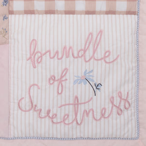 NoJo Farmhouse Chic Pink, Periwinkle, and White Floral, Stripes, Gingham, and Velvet 'Bundle of Sweetness' 4 Piece Nursery Crib Bedding Set - Comforter, 100% Cotton Fitted Crib Sheet, Crib Skirt, and Storage