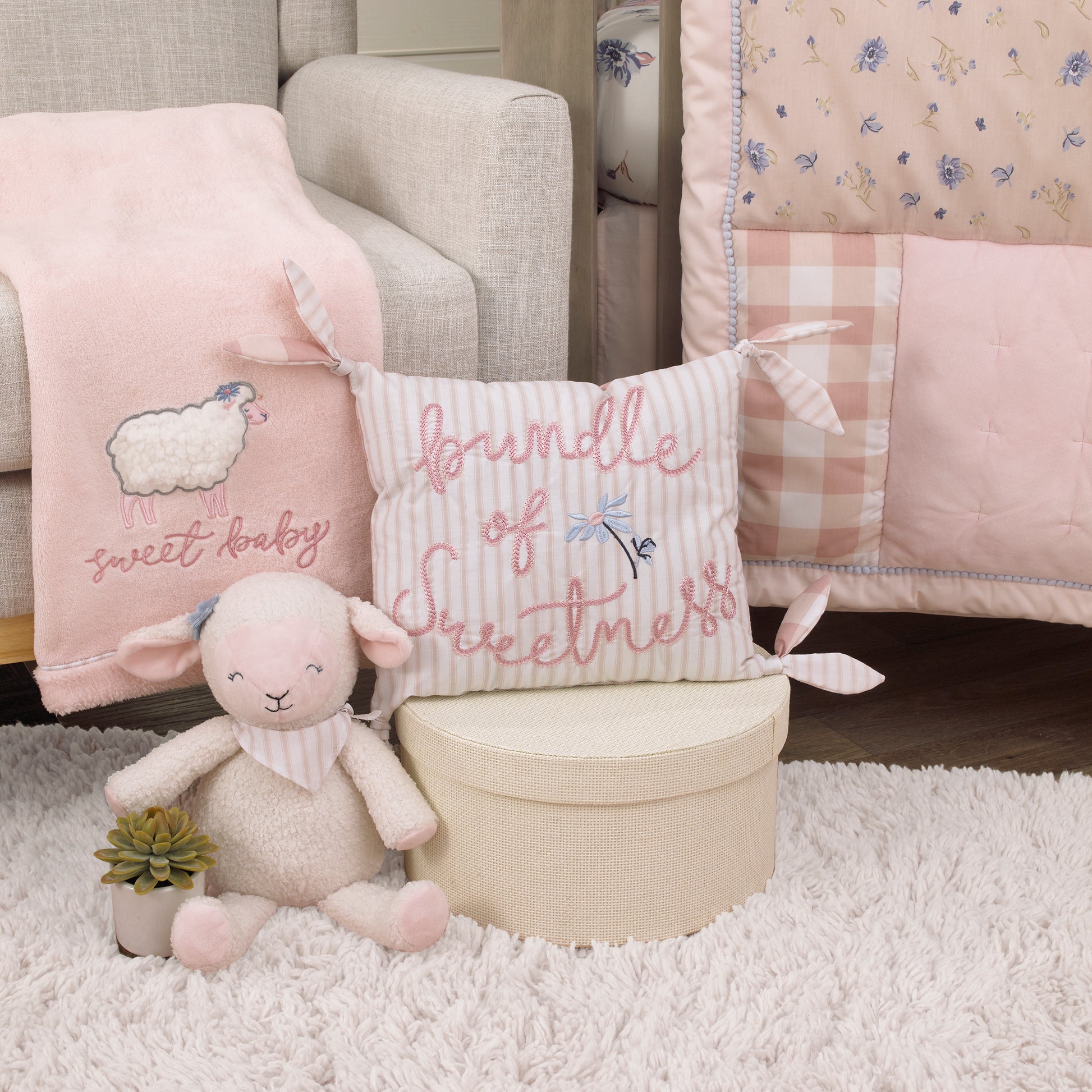NoJo Farmhouse Chic Pink and White Stripe "Bundle of Sweetness" Decorative Throw Pillow with Knotted Ties