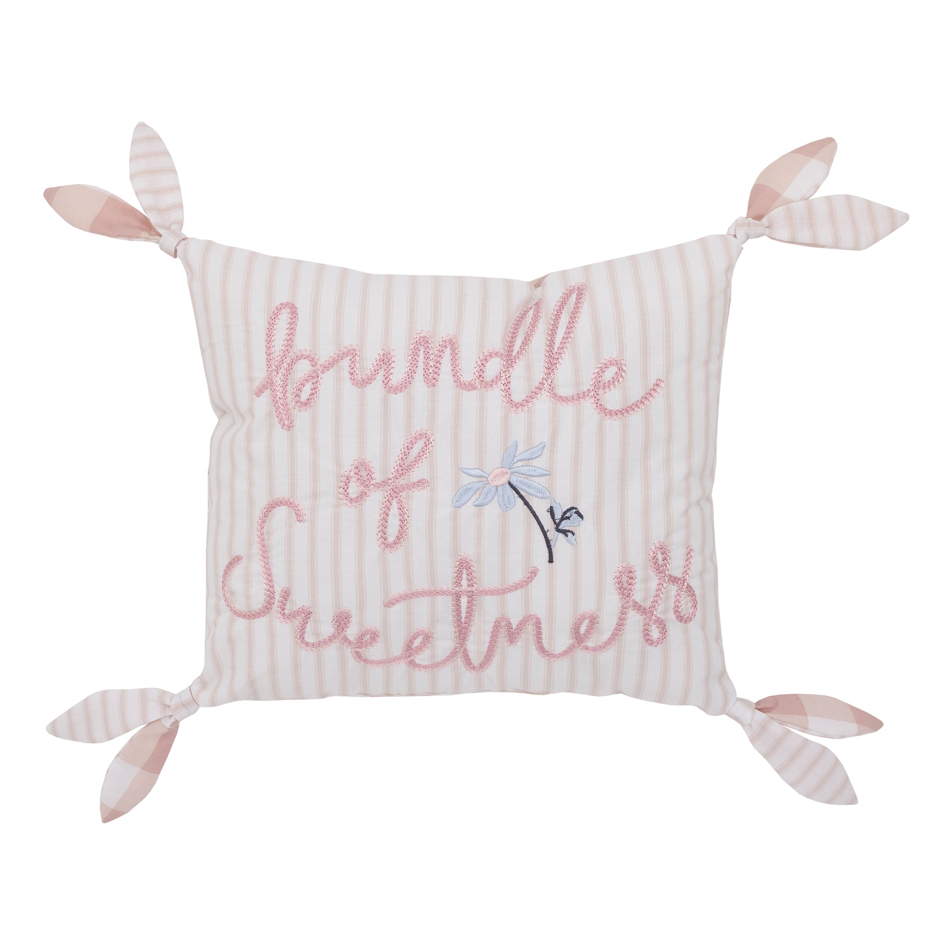 NoJo Farmhouse Chic Pink and White Stripe "Bundle of Sweetness" Decorative Throw Pillow with Knotted Ties