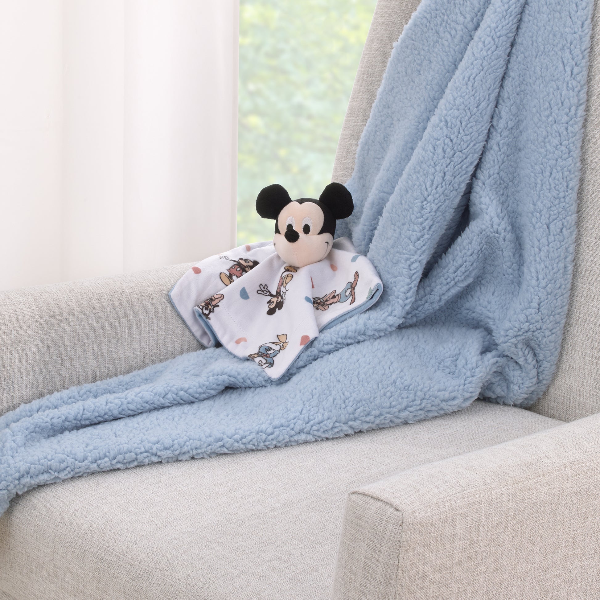 Disney Mickey Mouse Light Blue, White, and Tan Super Soft Security Baby Blanket with Plush Mickey Mouse Head