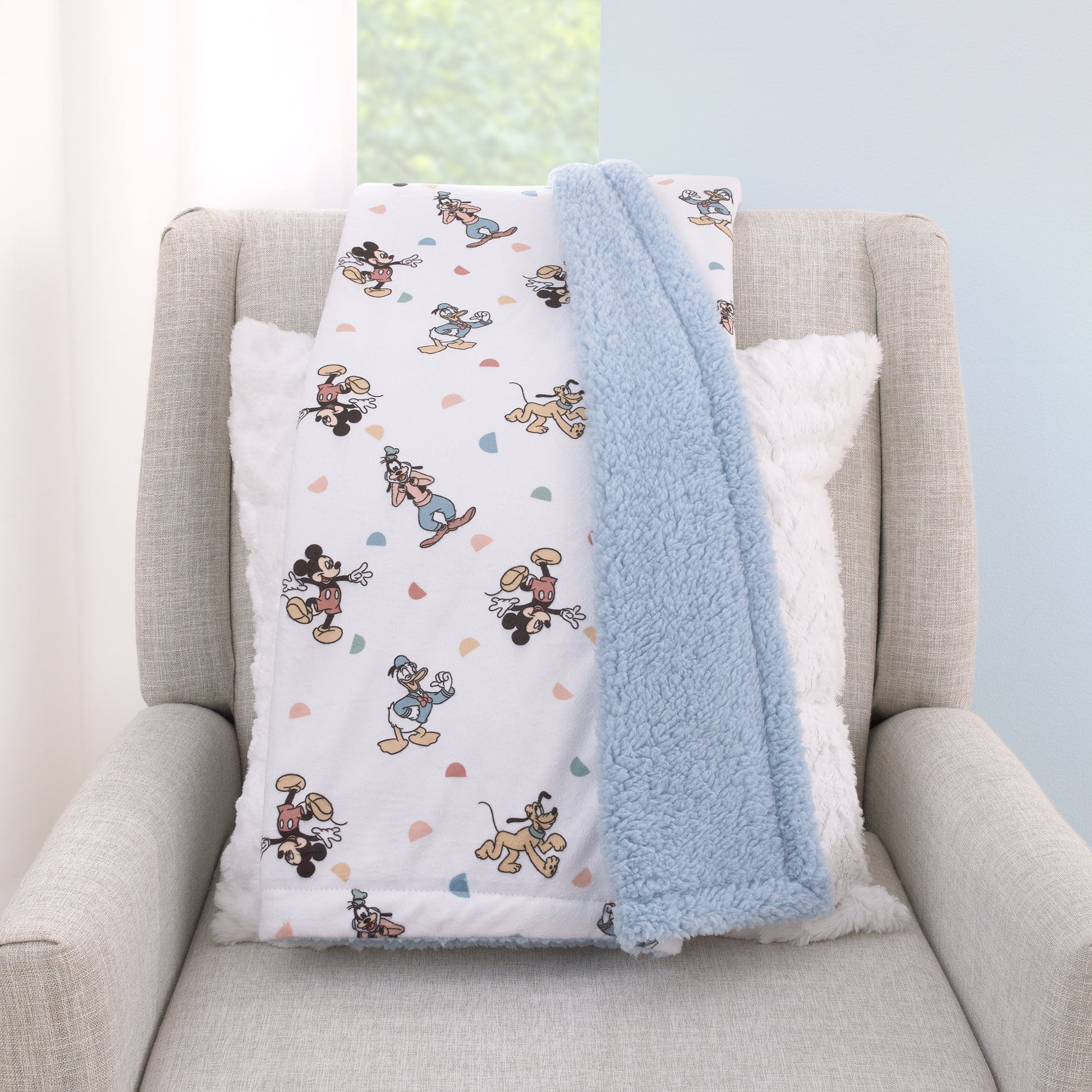 Disney Mickey Mouse Light Blue, White, and Tan Super Soft Sherpa Baby Blanket with Donald Duck, Goofy and Pluto