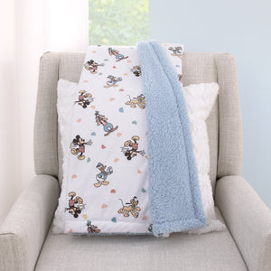 Disney Mickey Mouse Light Blue, White, and Tan Super Soft Sherpa Baby Blanket with Donald Duck, Goofy and Pluto