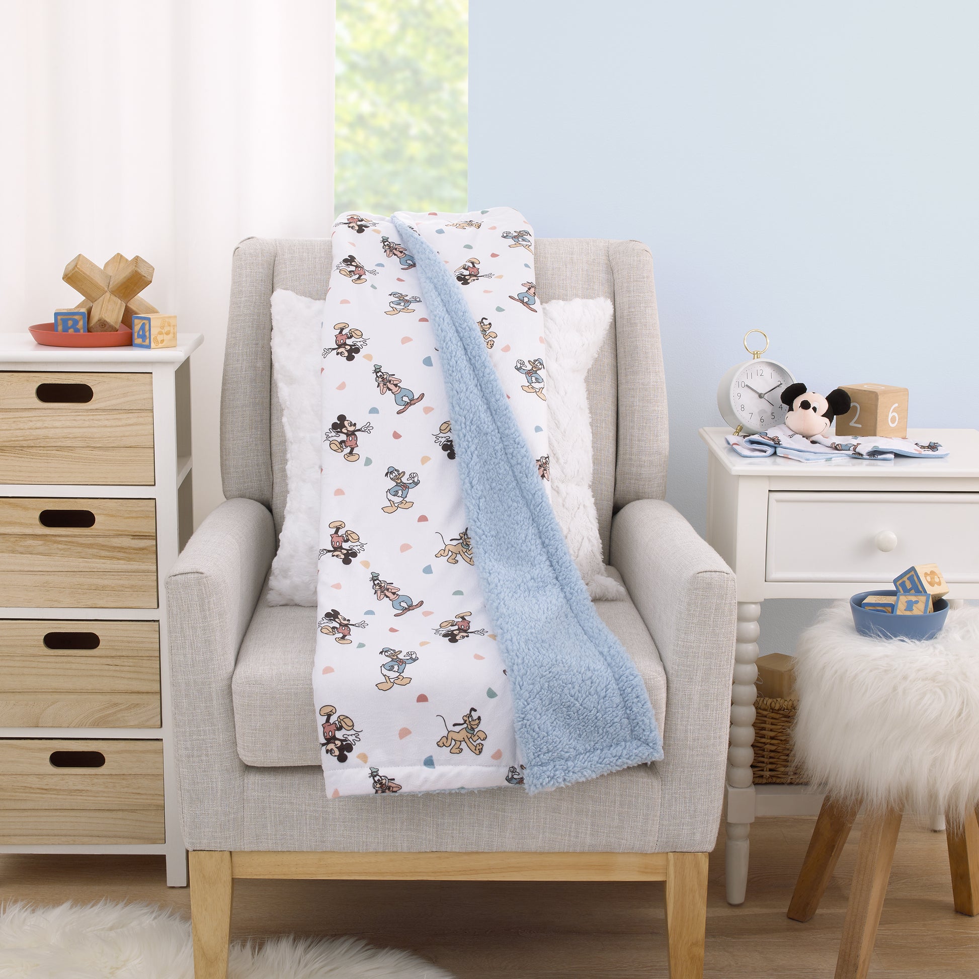 Disney Mickey Mouse Light Blue, White, and Tan Super Soft Sherpa Baby Blanket with Donald Duck, Goofy and Pluto