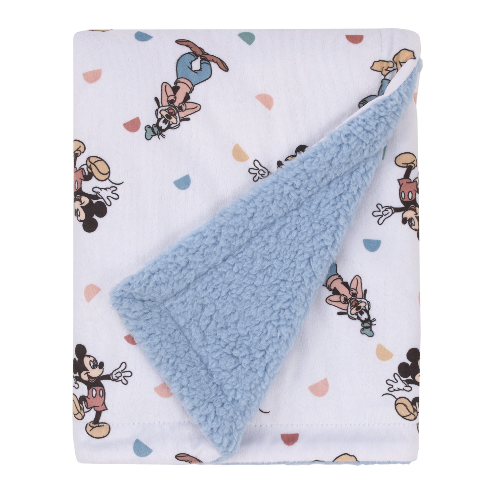 Disney Mickey Mouse Light Blue, White, and Tan Super Soft Sherpa Baby Blanket with Donald Duck, Goofy and Pluto