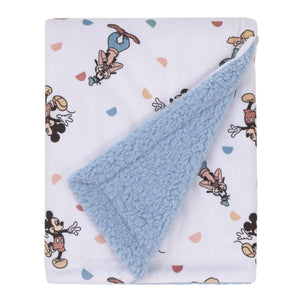 Disney Mickey Mouse Light Blue, White, and Tan Super Soft Sherpa Baby Blanket with Donald Duck, Goofy and Pluto