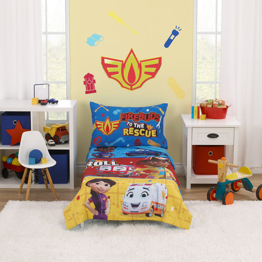 Disney Firebuds Let's Roll Red, Blue, and Yellow First Responders 4 Piece Toddler Bed Set - Comforter, Fitted Bottom Sheet, Flat Top Sheet, and Reversible Pillowcase